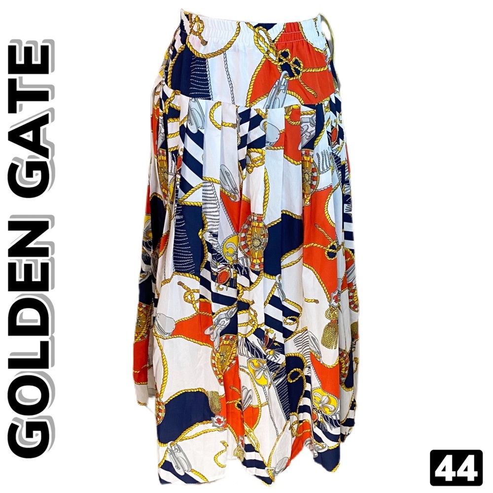 Golden Gate Scarf Print Pleated Midi Skirt 44